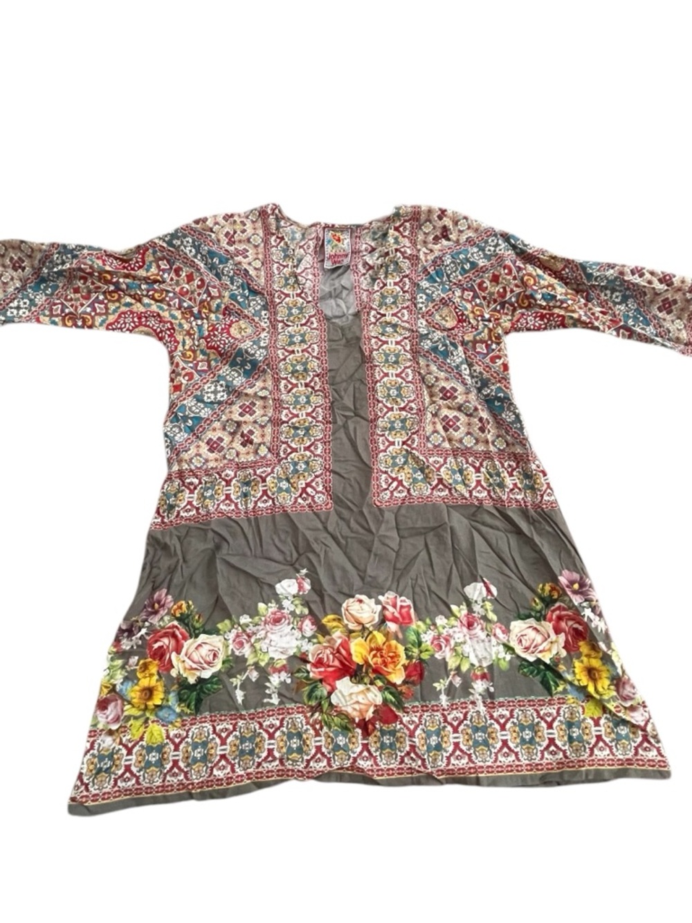 Johnny Was Floral Cotton Tunic Dress Light Brown Grayish Size M Women
